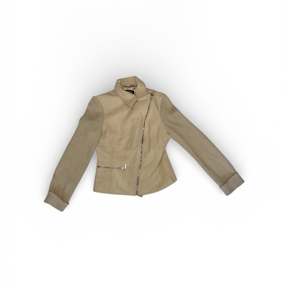 Bebe women’s small, beige herringbone, Moto jacket sleeve zip up coat
